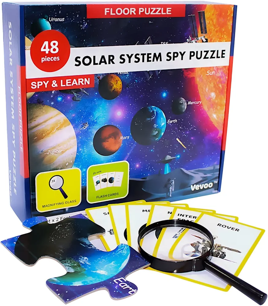 Solar System Spy Puzzle with Flashcards and Magnifying Glass 2ft x 3ft – Large 48 Piece Space Floor Puzzle for Kids Ages 4-8 Years Old- Kids Puzzles-Solar System for Kids-Boys and Girls 3,4,5,6,7,8…