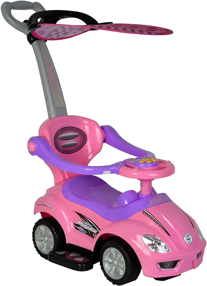 ChromeWheels Push Cars for Toddlers, 3 in 1 Ride on Push Car with Removable Canopy, Ride on Toys Mega Car w/Handle & Horn & Music, Pink