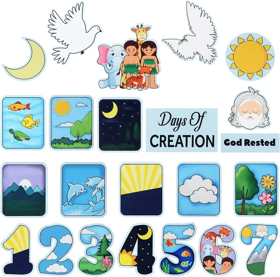 Peryiter Days of Creation Bible Felt Set 23 Pcs Precut Bible Felt Figures Felt Board Story Sets for Flannel Board Bible Stories Play Preschool Kindergarten Toddlers Kids