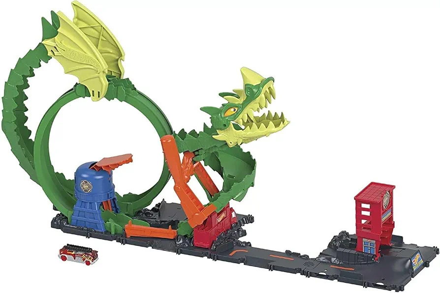 Hot Wheels Track Set with 1:64 Scale Toy Firetruck, City Fire Station with Dragon Nemesis and Track Play, Dragon Drive Firefight