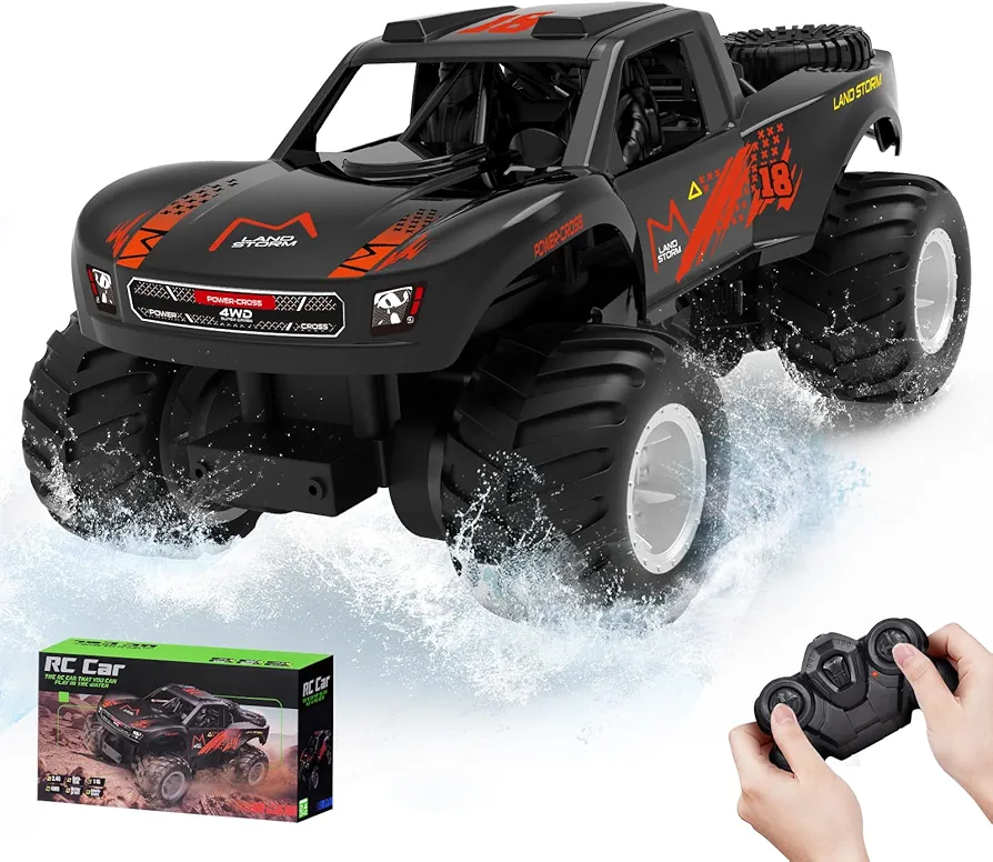 RC Cars Amphibious RC Truck Monster Remote Control Car for Adults Boys Age 8-12+ Little Waterproof Outdoor Toys for Kids Off Road 4WD Vehicles 4x4 Original All Terrain Hobby Car (RC Car-Orange)