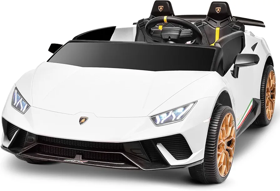 Blitzshark 24V 2 Seater Kids Ride on Car Powerful 4WD Compatible for Lamborghini Battery Powered Motorized Electric Car, with 7AH Big Battery, Remote Control, Suspension, Fantastic Light& Music, White