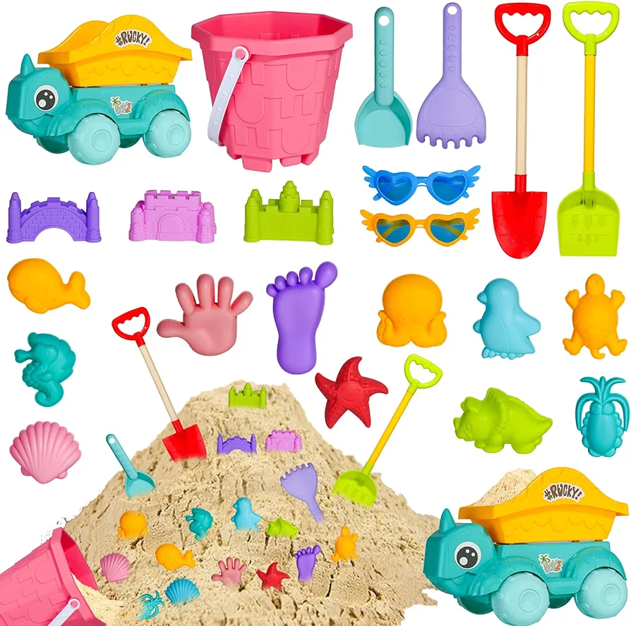 Holady 22 Pieces Beach Sand Toys Set,Beach Water Pool Gardening Bath Toy Environmentally ABS Thick Plastic Complete Gift Set includes Toy Car,Sunglasses,Beach Bucket,Sand Mold,Sand Shovel