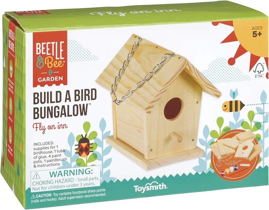 Beetle & Bee Build A Bird Bungalow - DIY Kid Art Craft Outdoor Birdhouse Kit, House Painting Kit for Kids, Hardware Glue Included- 4 Paints, 1 Brush, 7 Wooden Pcs, Chain For Tree Hanging Age 5+