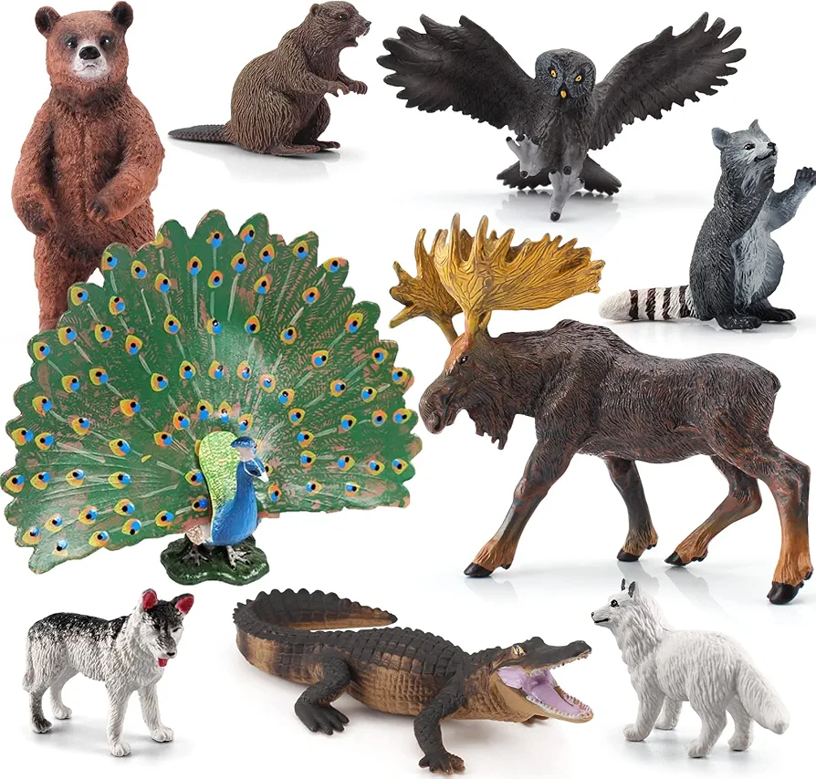 Woodland Animals Figures Playset 9PCS Forest Animal Figurines Toys Set Plastic Animals Figure Bear Figurine Peacock Figurine Crocodile Figure Arctic Fox Figure