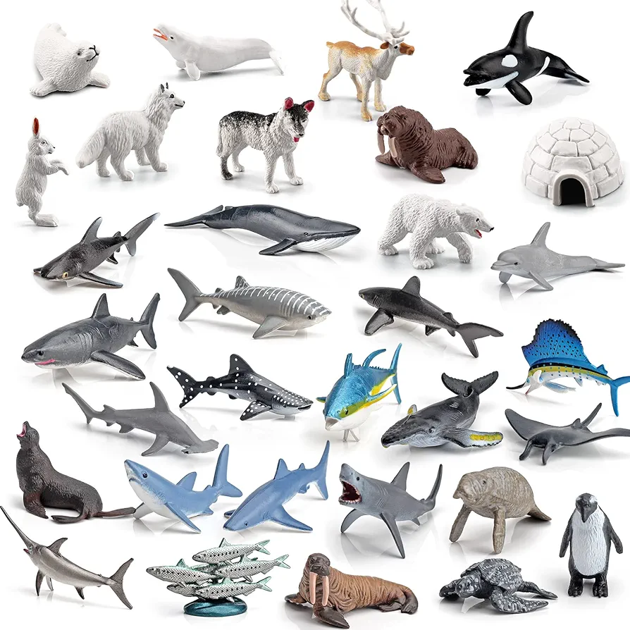 Sea Marine Ocean Animal Model Playsets 32 PCS Mini Deep-sea Fish Arctic animals Action Figure Toys for Boys Girls Kids