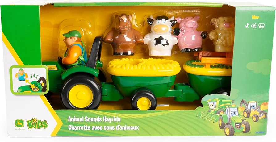 John Deere Animal Sounds Hayride Musical Tractor Toy - Musical Hayride and Farm Animal Toddler Toys - Includes Farmer Figure, Tractor, and 4 Farm Animals - Ages 18 Months and Up