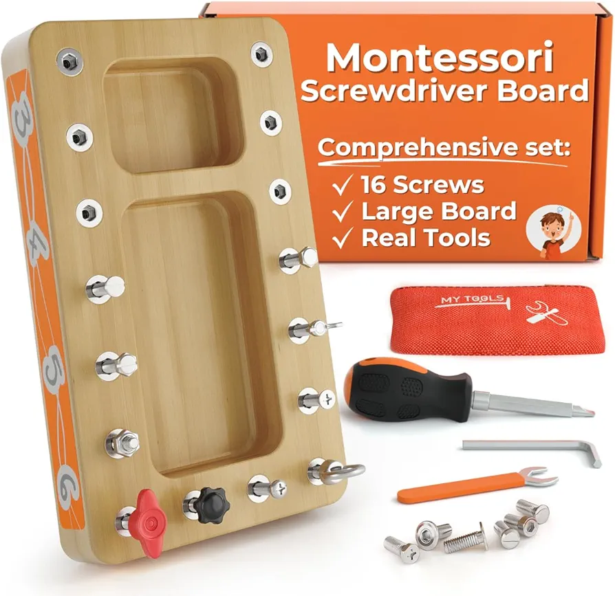 Montessori Screwdriver Board Set for Kids - Wooden Real Montessori Tool Set Preschool Fine Motor Skills for Toddler Sensory Learning Screw Toy 3 4 5 6 Year Old Kindergarden Classroom STEM Waldorf Gift