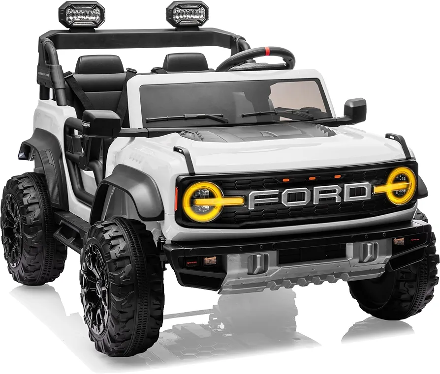 Licensed Ford Bronco Raptor 24V 2 Seater Kids Ride on Toys, Battery Powered Electric Ride on Car, Remote Control Electric Car W/Led Lights, Music, High Low Speed, Treaded Tires (White)