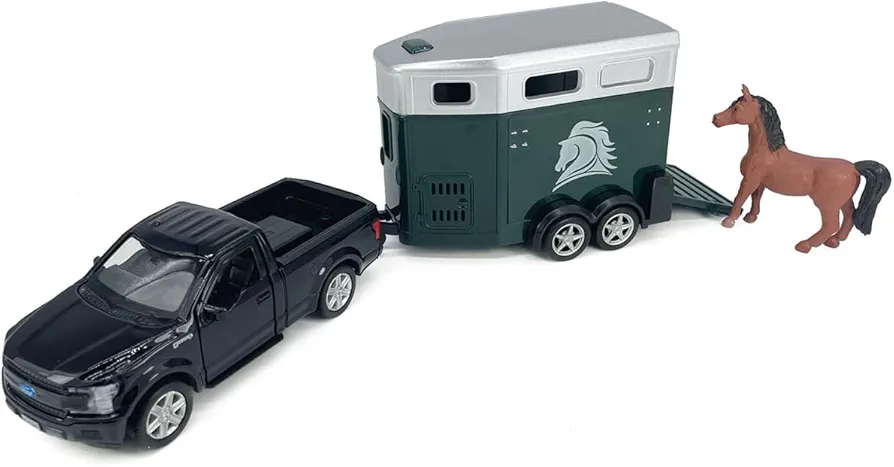 F-150 Pickup Truck Trailer Towing Horse Transporter Farm Trailers, Doors Open, 1/36 Scale Model Car Diecast Metal Toy Cars, 3 4 5 6 7 Year Old Kids Boys Gifts, Cake Topper Home Office Décor Collection