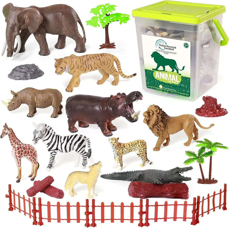 Safari Zoo Animals Figures Toys,Realistic Animal Figurines Playset with Fence for Toddlers, 22 PCS African Wild Jungle Plastic Toy Gift Set for Boys and Girls