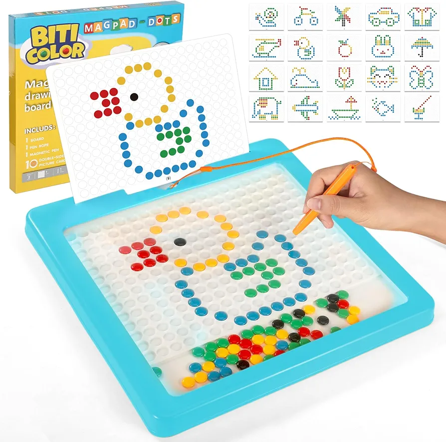 Magnetic Drawing Board for Kids Magnetic Dot Art Doodle Board with Magnetic Pen and Beads for Toddlers Montessori Preschool Toy Travel Toys for Kids Ages 3-5 - Blue