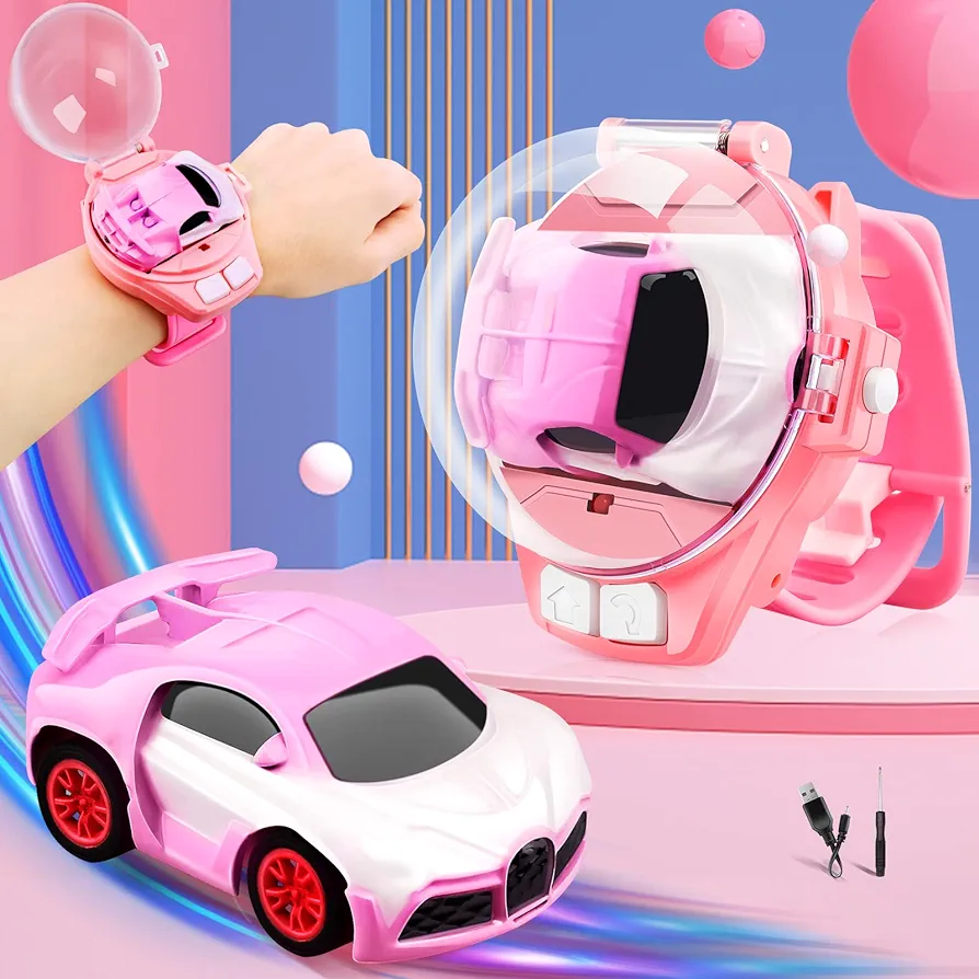 2024 New Mini Remote Control Car Watch Toys, 2.4 GHz Cartoon RC Watch Racing Car, USB Charging Remote Control Car, Watch Car Hand Controlled Watch RC Car for Boys Girls Birthday Gift (Pink)