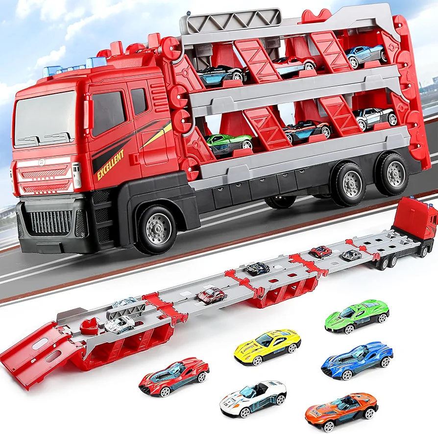 Mega Hauler Truck with Ejection Race Track, Boys Toys Age 4-6, Toddler Toy Trucks with Race Car Track, Boy Girl Kids Toys for Ages 5-7, Toy Truck with 6 Mini Toy Cars, Boy Toys for Ages 8-13