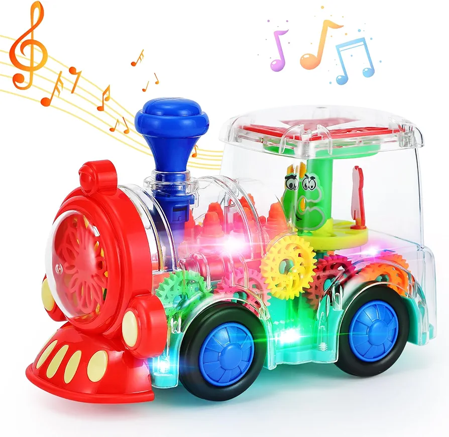 Light Up Train Toys,Electric Transparent Gear Car Toy for Toddlers 1-3,Educational Sensory Toy Train with Colorful Light and Music for Kids Boys Girls Christmas Birthday Gifts