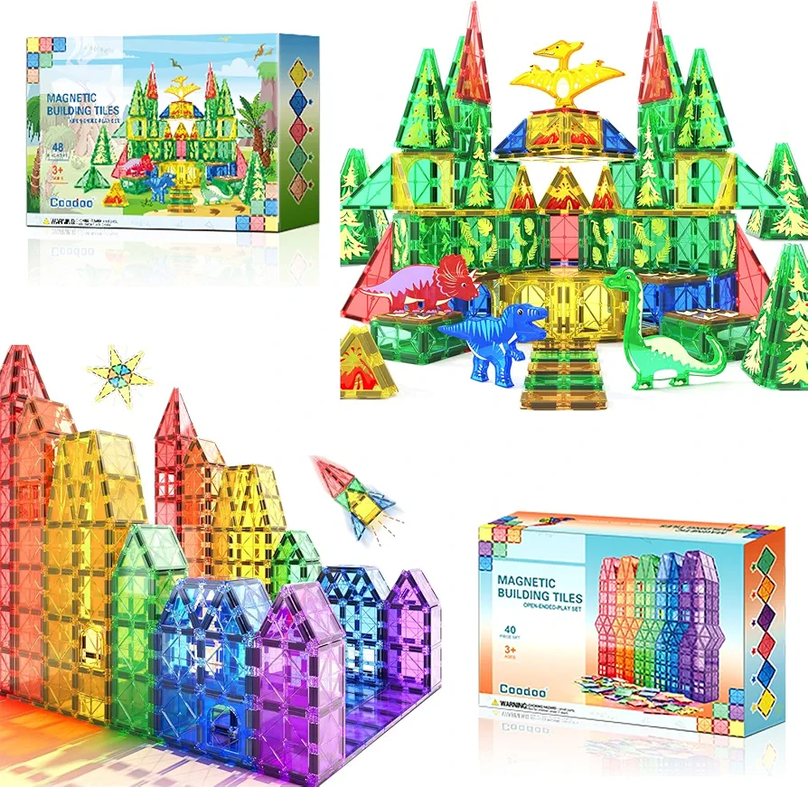 88PCS Dinosaur Toys Magnetic Tiles - Magnet Building Blocks for Toddler Kids Toys STEM Sensory Outdoor Toys for 3+ Year Old Boys and Girls, Dinosaur World Creative Games Kids Toys