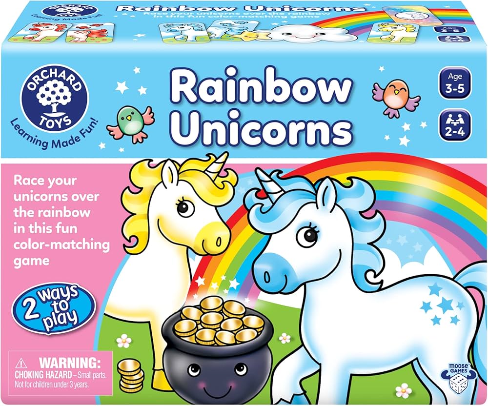 Orchard Toys Moose Games Rainbow Unicorns Game. Race Your Unicorns Over The Rainbow to a Pot of Gold in This Magical, Fun Color-Matching Game! Ages 3+ for 2-4 Players