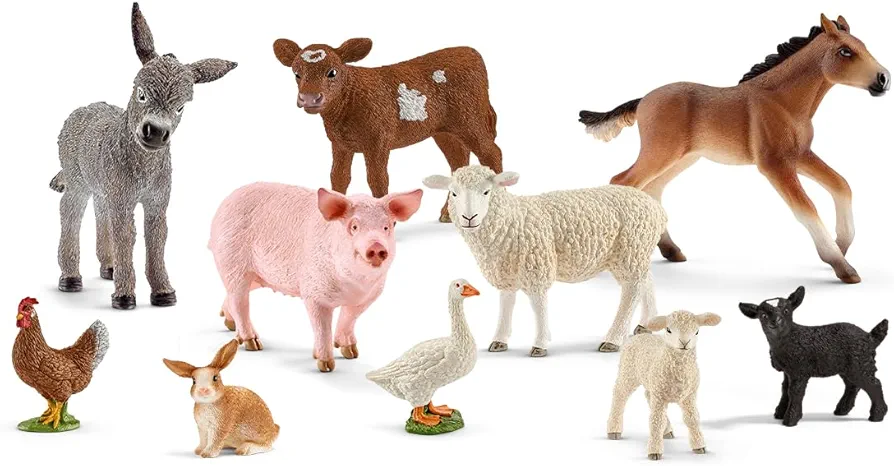 Schleich Farm World Farm Animal Toys for Kids Ages 3+, 10-Piece Mega Realistic Farm Animals Set with Donkey Figurine, Sheep, Pig Toy and More