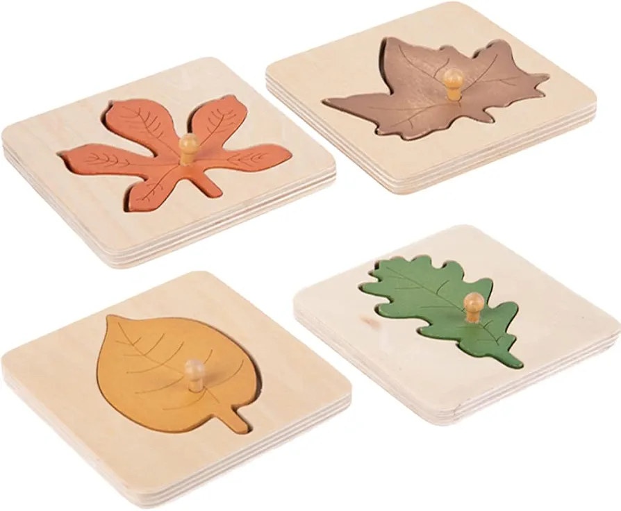 Kisangel Toddler Toys Preschool Puzzles 4pcs Wooden Leaf Shape Puzzle Leaf Wooden Jigsaw Puzzles Educational Learning Stem Toys for Birthday Early Education School Montessori Puzzle Wooden Toys