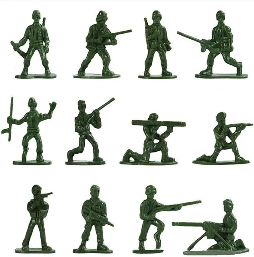 HAPTIME 100-Piece Green Toy Soldiers - 12 Poses, Detailed and Balanced Mini Army Men - Perfect for Pretend Play, Educational Projects, Cake Decorations, and Military-Themed Parties - 1 Inches Tall