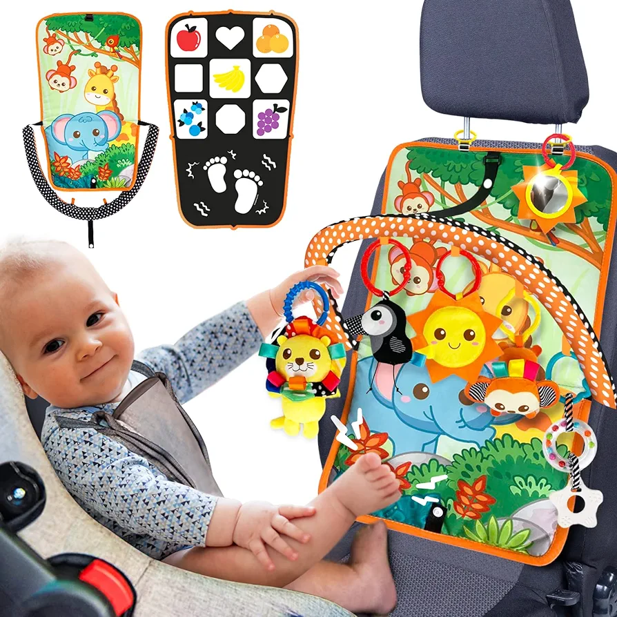 Baby Car Seat Toy with Music, Mirror, Animals - Portable Infant Travel Activities and Sensory Stroller Toys