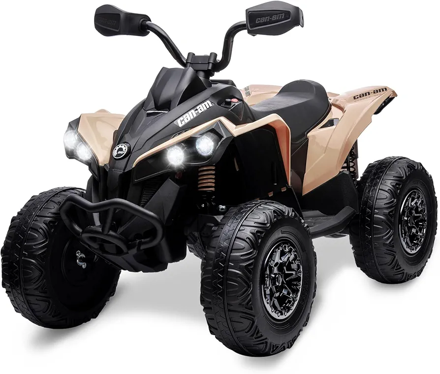 GAOMON Kids ATV 4 Wheeler, 12V Ride on Toy Car Bombardier Licensed BRP Can-am, Quad Electric Vehicles with Remote Control, LED Lights, Spring Suspension, Treaded Tires, Music, USB & AUX, Khaki