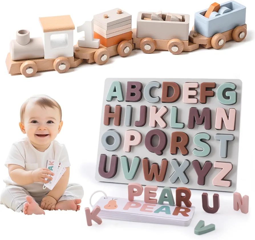 Wooden Toy Train Set for Toddlers A B C Alphabet Puzzles for 1-3 Year Old Preschool Educational Toys for Boys and Girls Birthday Gift