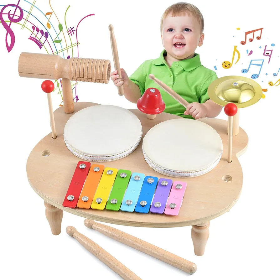 Ehome Kids Baby Drum Set, 10 in 1 Baby Musical Instruments Toys Toddlers Montessori Wooden Xylophone Preschool Music Kit Percussion Tambourine Toys Birthday for Boys and Girls