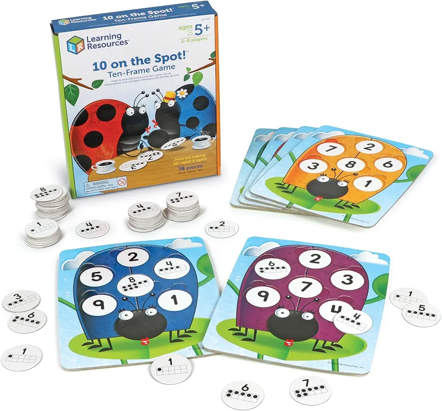 Learning Resources 10 on the Spot Ten Frame Game - 2-6 Players, Ages 5+ Math Learning Games for Kids, Kindergartner Activities