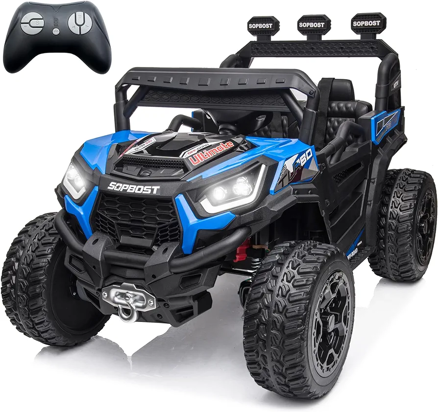 sopbost 9Ah 24V Ride On Toy for Big Kids Battery Powered Ride On Car with Remote Control 4x4 Electric Vehicle 4 Wheeler UTV, EVA Tires Wheels, 5Mph High Speed, Blue