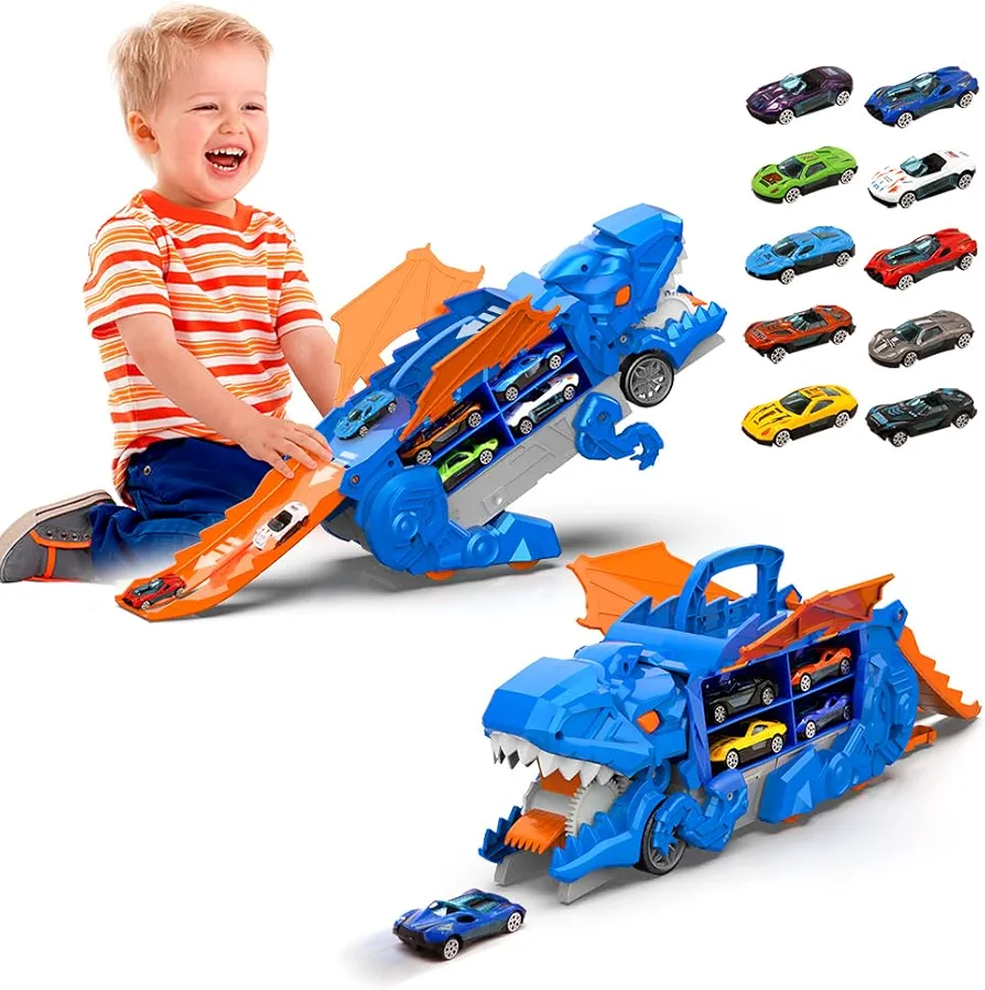 Doloowee Dinosaur Cars Transporter Truck Toddler Truck Toys for 3-6 Car Toys Set with 10 Die-Cast Car Toys,Transforms into Dino Monster Truck Toy for Kids Boys Girls