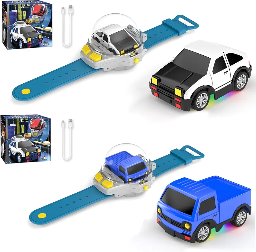 2PCS Mini Remote Control Car Watch Toy with LED Lights, 2.4G RC Cars Toy Car Watch USB Charging Hand Controlled Watch RC Car for Kids Boys Girls for Birthday Christmas Holiday Party Gifts