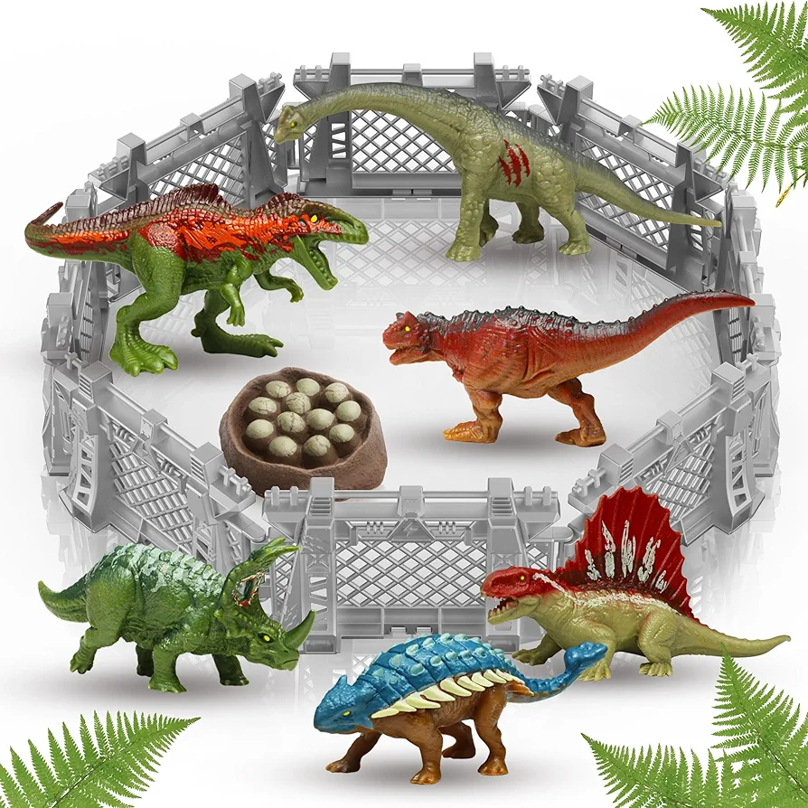 Oriate Dinosaur Toys for Kids Ages 3 and Up Playset, Dinosaur Birthday Party Supplies 4'' Long Include 6 Mini Dinosaur Figurines 8 Fences, Nice Gift for Boys Girls Kids 207-2