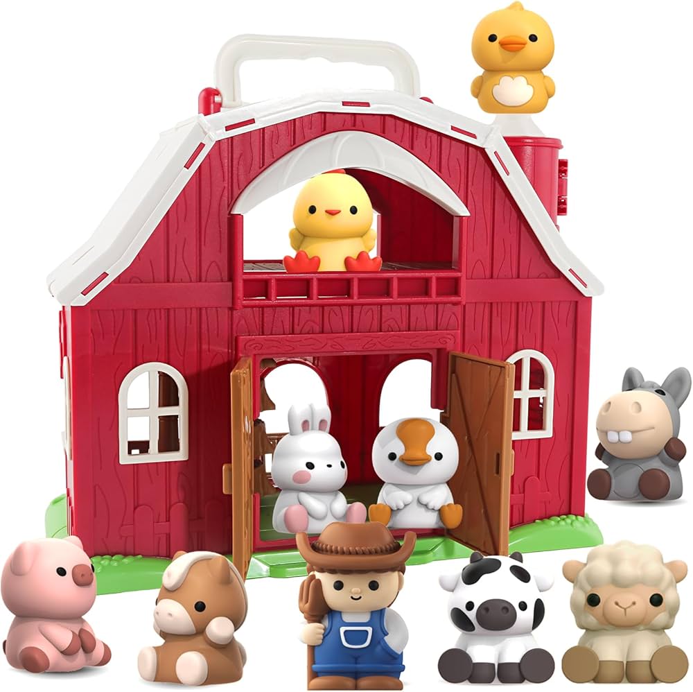 Farm Animals Big Barn Toy for 1 2 3 Year Old, Toddler Educational Montessori Toys, Farm Pretend Playset with Barn & Farmer, Christmas Birthday Easter Gift for Toddler Baby Boys Girls 1-3 Years