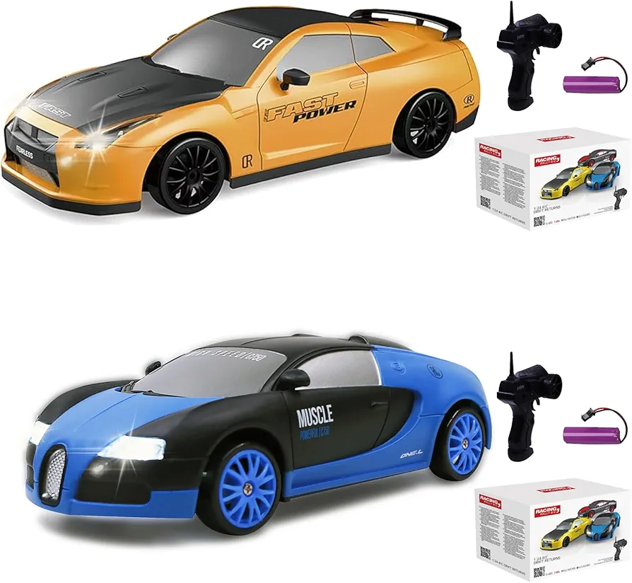 2PCS 1:24 Scale RC Drift Car 4WD 15KM/H High Speed Remote Control Car with LED Lights Drifting Tire Racing Sport Toy Rechargeable Batteries for Adults Boys Girls Kids Gift