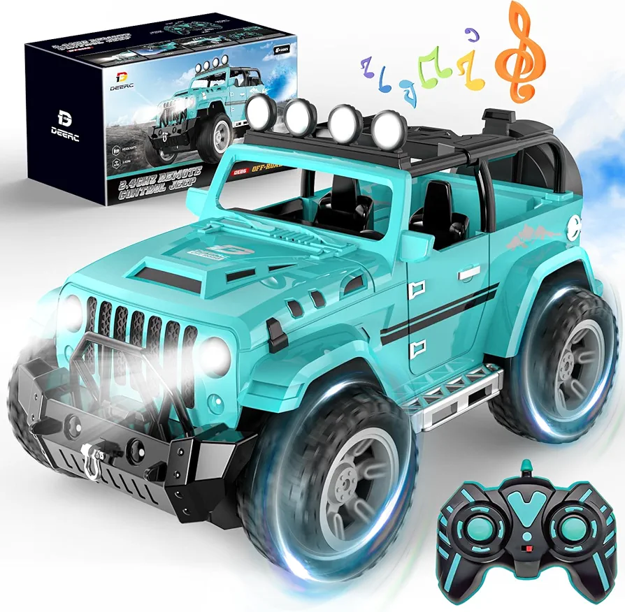 DEERC Remote Control Car with Fog Mist & Music, 1:16 Remote Control Truck for Boys, 2.4Ghz RC Car Toy with 2 Batteries, All Terrain SUV Gifts Crawler with Trailer Hitch