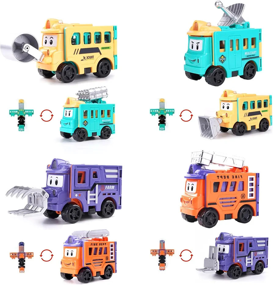 Toy Trucks for Kids 3-5, 4 Pack Pull Back Toy Cars, 2 in 1 Transformer Playmobiles for Children Boy Party Favors, Kids Birthday Gift