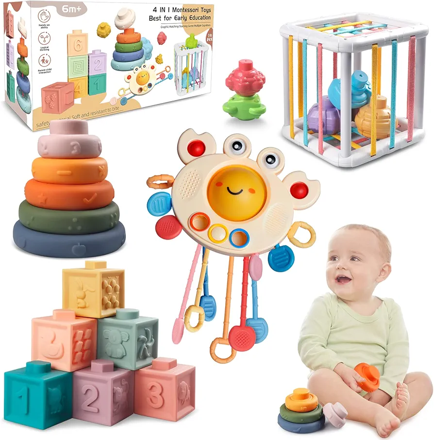 Montessori Baby Toys for Ages 6-18 Months - Pull String Teether, Stacking Blocks, Sensory Shapes Storage Bin, Infant Bath Time Fun, 4 in 1 Toddlers Toy Gifts for 1 2 3 Year Old Boys Girls