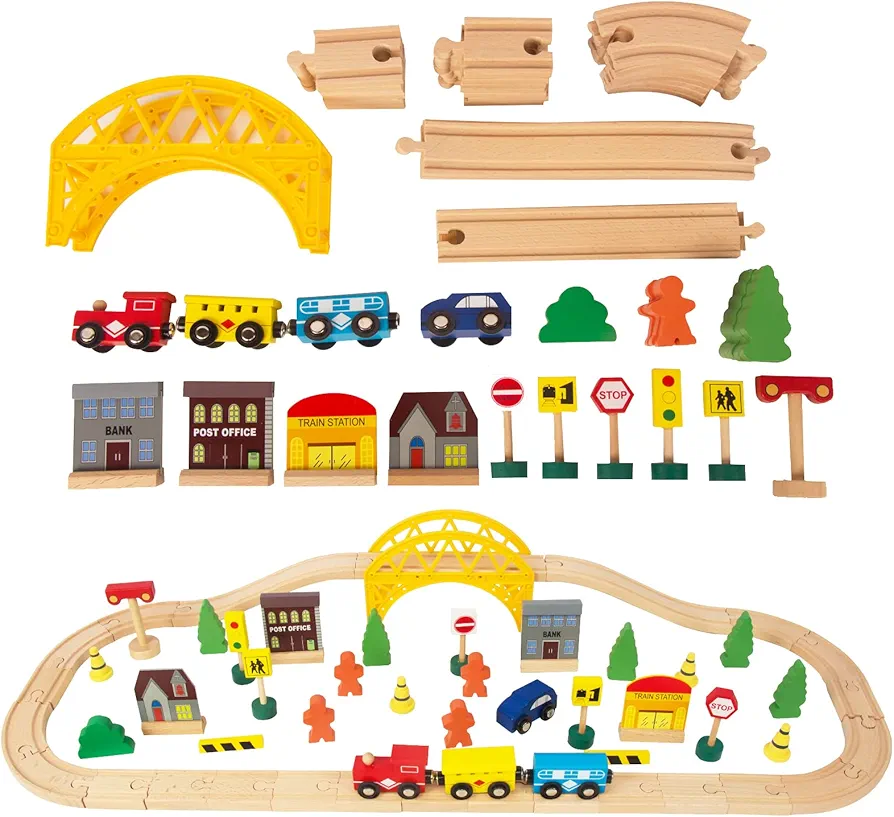 60Pcs Train Set for 3 Year Old Boys, Double-Side Wooden Train Set Tracks for Toddlers, Fits Brio, Thomas, Melissa and Doug, Kids Wood Train Toys for 3 4 5 Year Old Boys and Girls (Yellow)