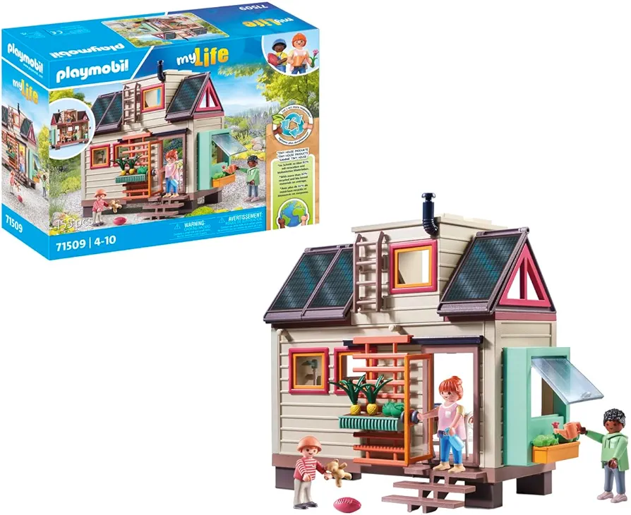 Playmobil Tiny House Pretend Play Toy Playset - 160 Piece Bundle Made with Recycled Material - includes 3 Mini Figures, Furniture, Kitchen, Attic, Solar Panel Roof & Customizable Decor for Kids