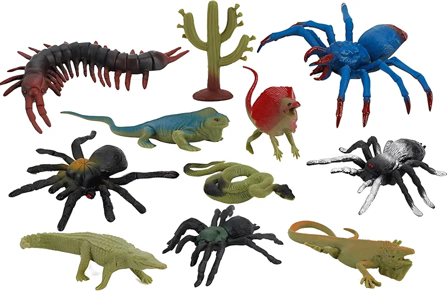 Reptile Animals Figurines Toys, 11 PCS Realistic Insect Model Figures,Desert Tropical Wild Animal,Birthday Cake Decor Set with Spiders, Snake, Crocodile, Lizards, Centipede, Cactus