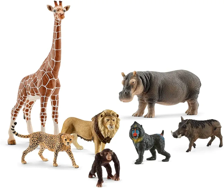 Schleich Wild Life Realistic Safari Animal Figurine Playset - 7-piece Wildlife Safari Toy Animal Figurines with Lion, Giraffe, Hippo, Chimpanzee, Warthog, Cheetah, Mandrill, Gift for Kids Age 3+