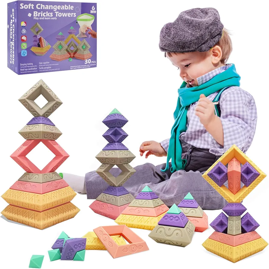 Montessori Toys 30PCS Soft Silicone Buliding Blocks Pyramid Stacking Blocks for Toddlers 2 3 4 5 6 Preschool Educational Toys STEM Sensory Toys