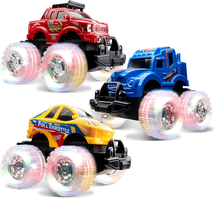 JOYIN 3 Pack Light Up Monster Trucks for Boys and Girls - Motion Activated Light-Up Cars for Toddlers - Monster Turck with Lightning Wheels - Baby Toy Gift - Toy Truck for Boys Girls Kids