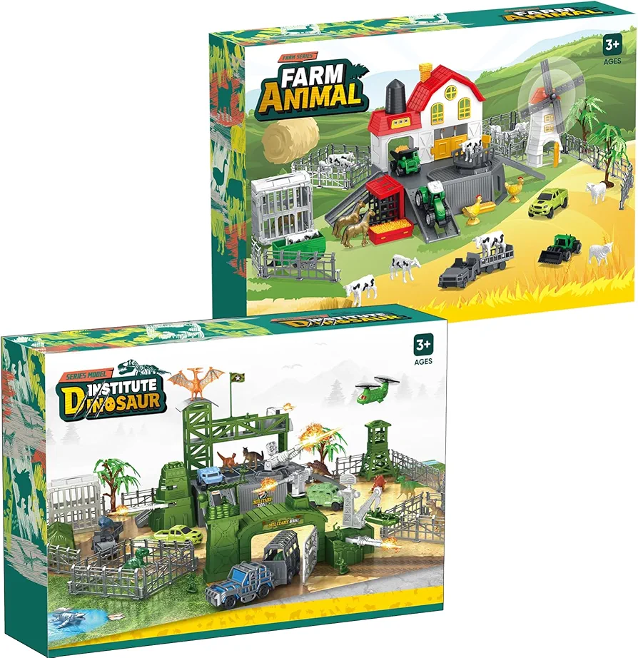 Army Men Toys with Dinosaur Toys, Farm Animals Toys with Play Mat, Farm Playset Barn House with Animals Figurines