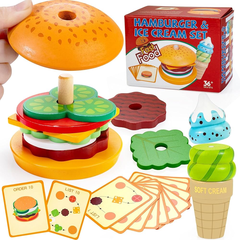 Bravmate Wooden Montessori Toys for 1 2 3 Years Old Kids, Realistic Burger & Ice Cream Toy, Stacking & Pretend Play for Little Chef, Preschool Play Fake Food Games, Educational Fine Motor Skills Toys