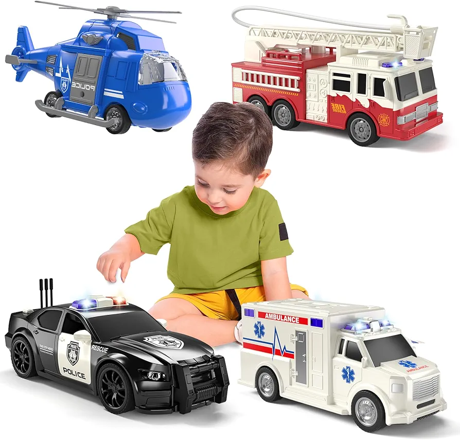 TEMI 4 Pack Emergency Vehicles for Kids, Helicopter, Police Car, Fire Truck, Ambulance Friction Powered Toys for Toddlers, Gifts for Age 3-12 Boys Girls