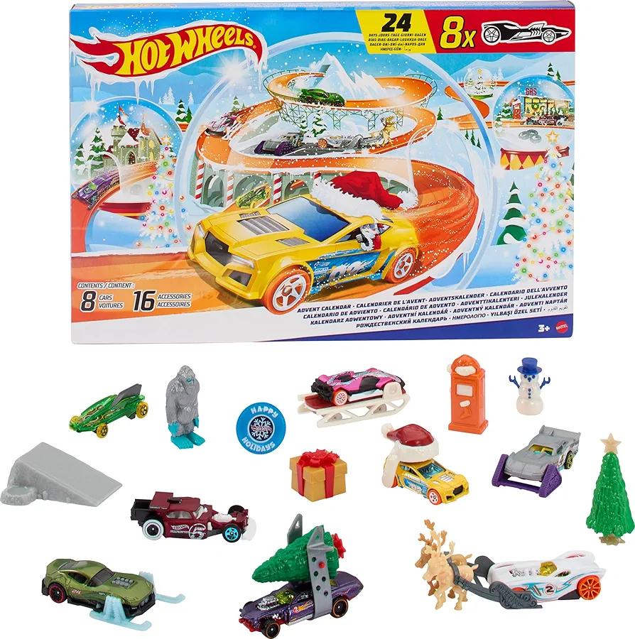 Hot Wheels Toy Cars, 2024 Advent Calendar, 8 1:64 Scale Vehicles, 16 Winter-Themed Accessories & Playmat