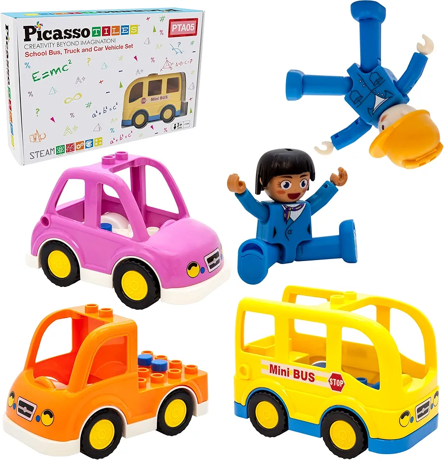 PicassoTiles Magnetic Figures 5 Piece Vehicle and Action Figure Set Including School Bus, Car, Truck and 2 Drivers Magnet Expansion Pack Toddler Toy Kit Pretend Playset for Construction Building Block