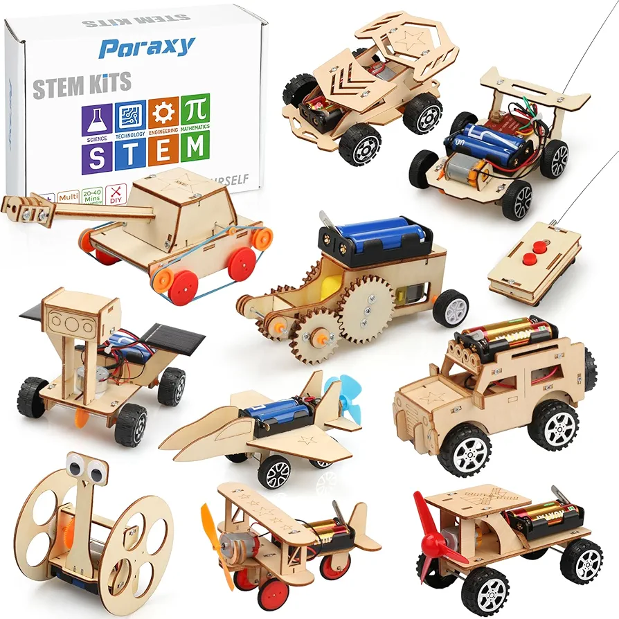 STEM Kits for Kids 6-8-10-12, Toys for 8 9 10 11 12 13 Year Old Boys and Girls, 10 in 1 Model Car Kits, Gifts for Boys 8-12, Wooden 3D Puzzles, STEM Projects, Science Educational Crafts Building Kit